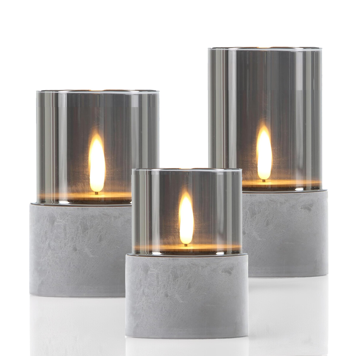 Set van 3 LED-kaarsen in glazen windlicht, grijs, Fumar