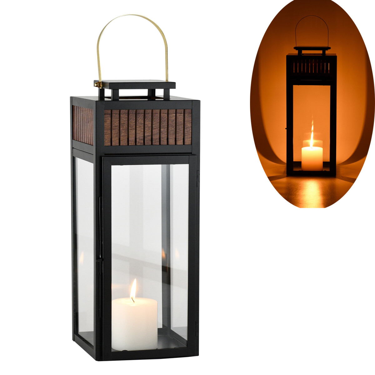 Tuinlantaarn Cadoc 41 cm zwart met hout, windlicht van metaa