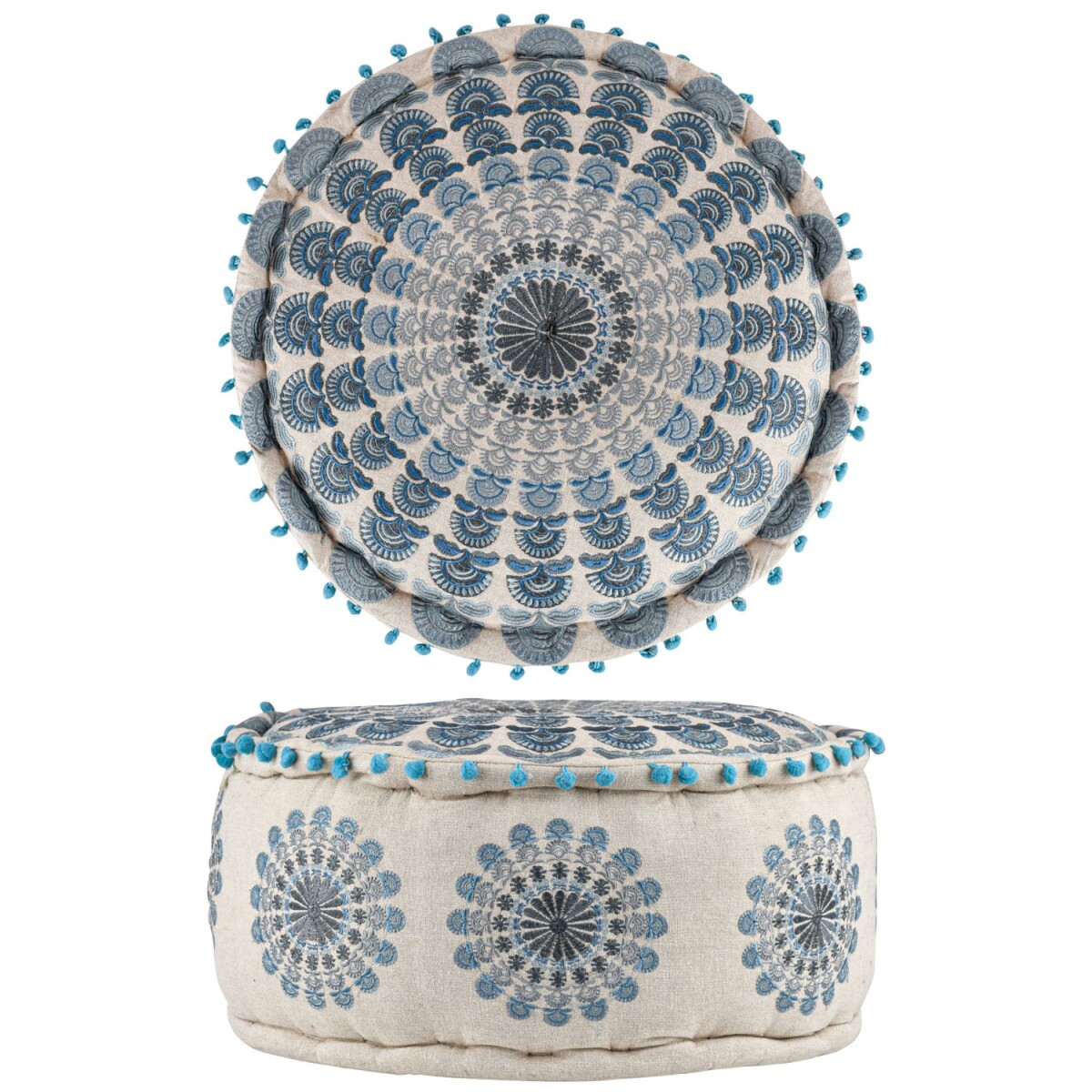 Pouf Garet Blauw | ronde, geborduurde ka box