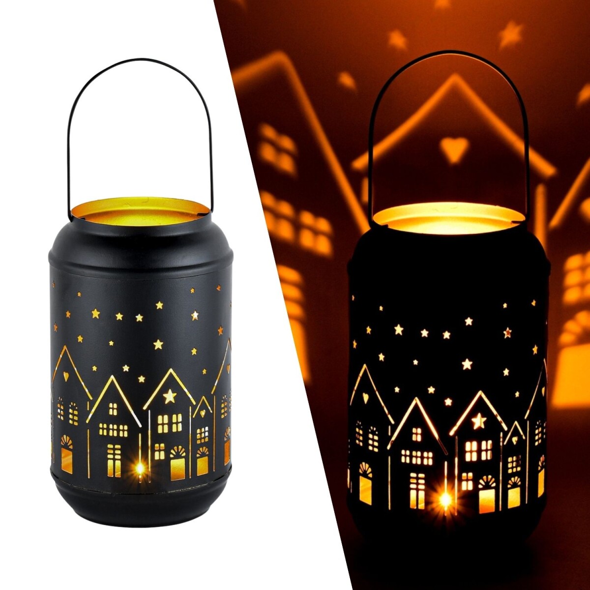 Theelichthouder Glowtree 20 cm, zwart-go box