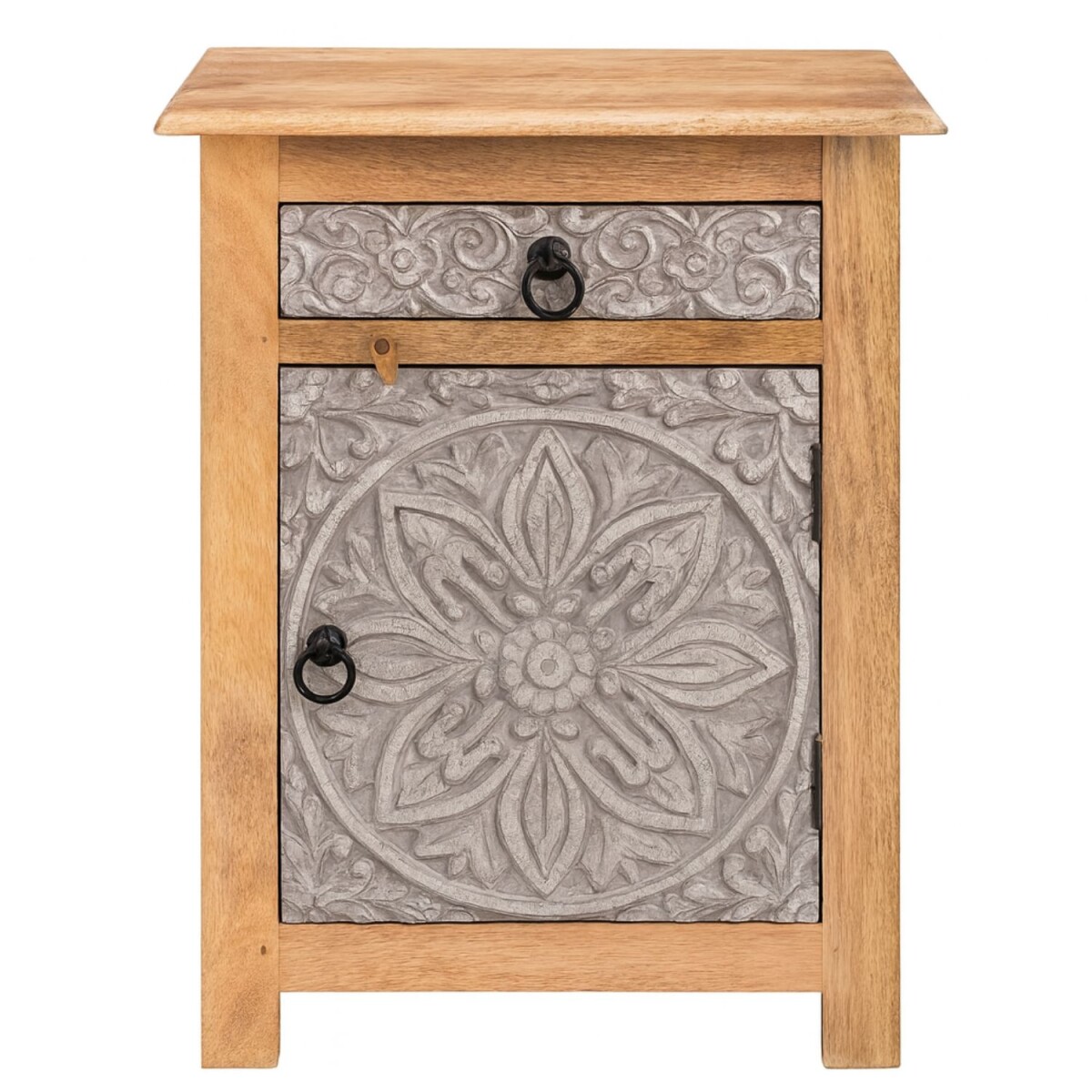 Nachtkastje Ferial 70 cm | Massief hout met bewerkte deur in