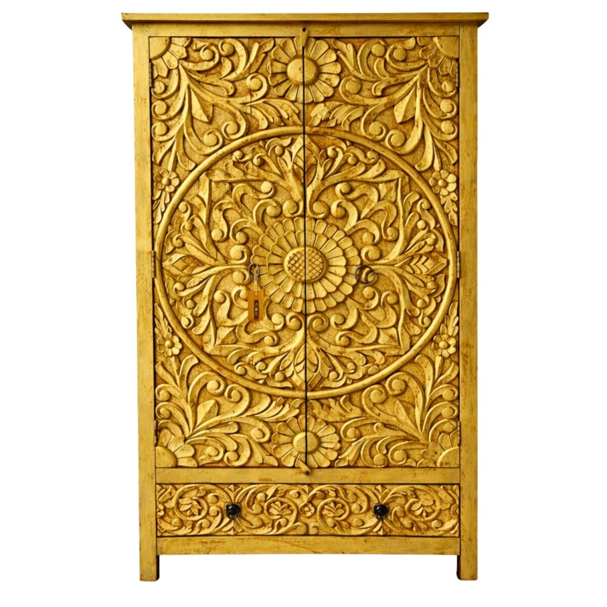 Surya-highboard, goudkleurig, massief hout, handgesneden, bo