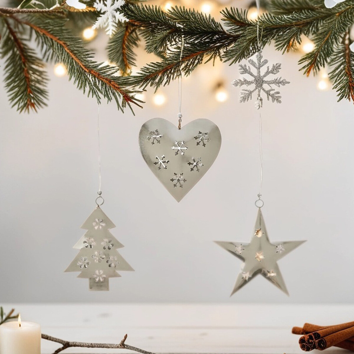 Set van 3 kersthangers, kerstversiering, zilver