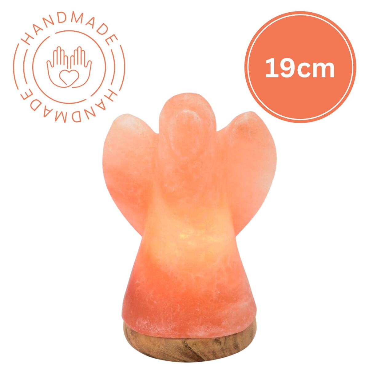 Verlichte zoutkristal ENGEL 19 cm met houten voetstuk, natur