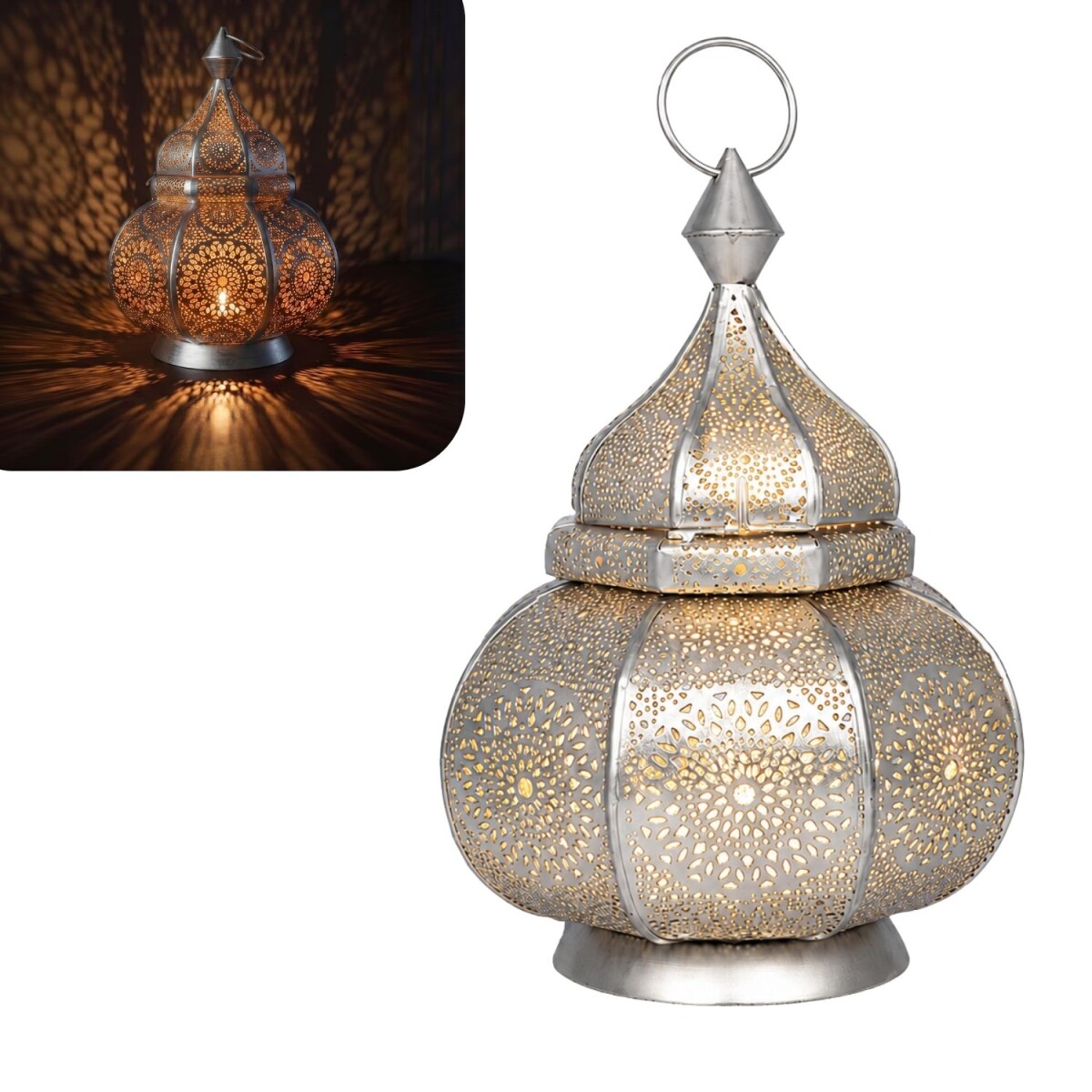 Oosterse lantaarn Ziva, zilverkleurig met gouden binnenkant,